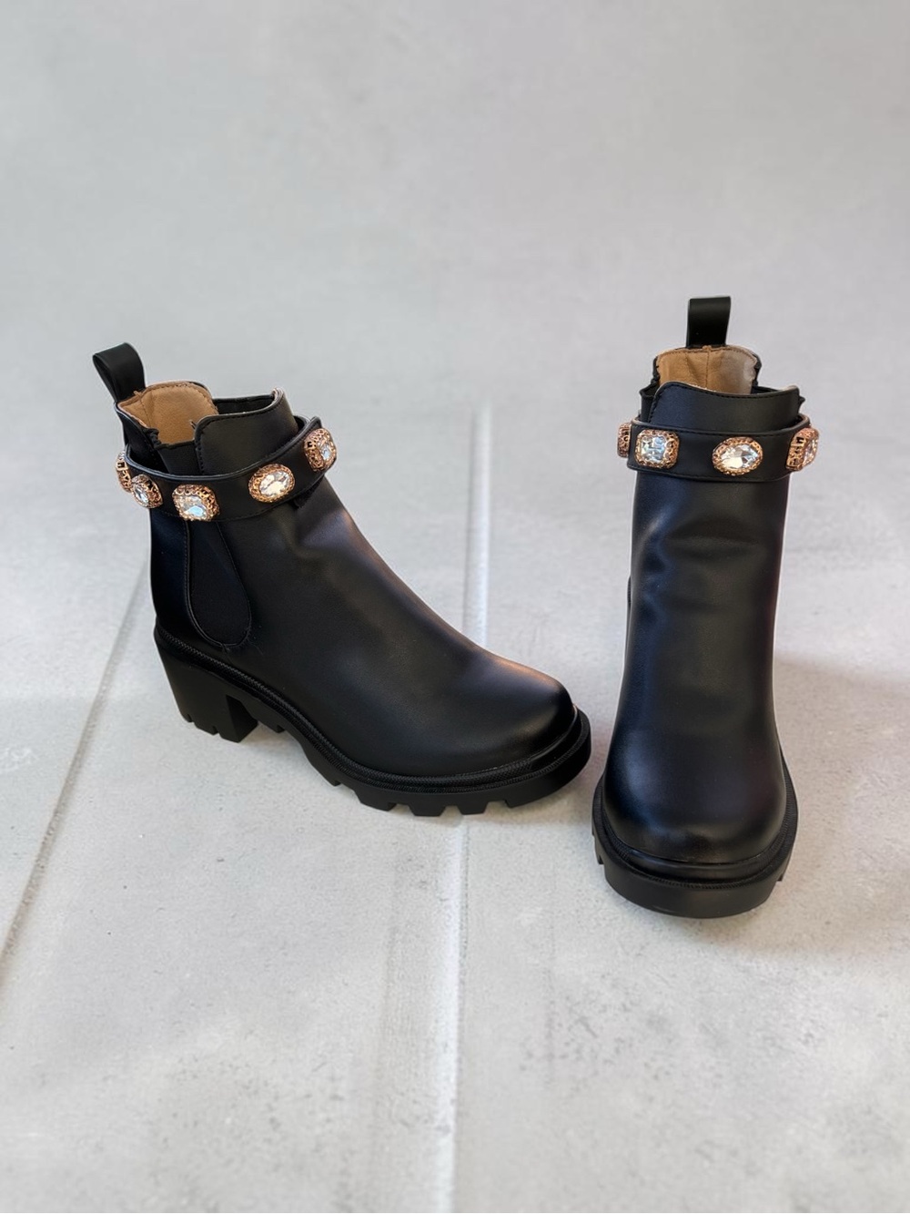 Women’s Black Ankle Boots with Decorative Crystal Strap Steve Madden